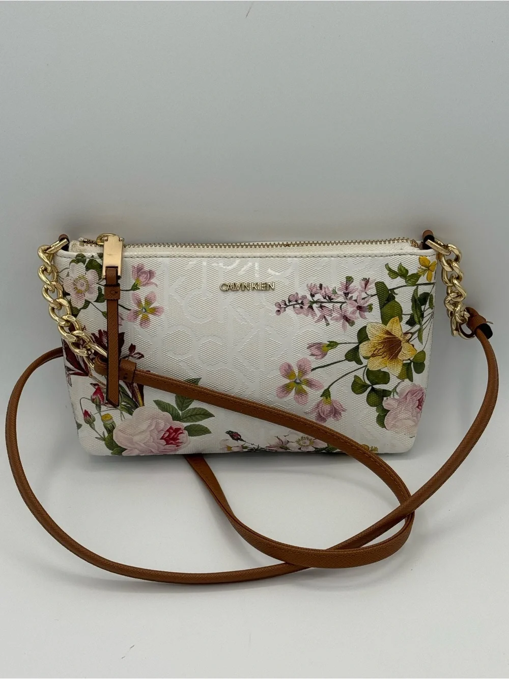 Calvin Klein Vanilla Floral Monogram Crossbody Bag- Pastel with Gold Hardware